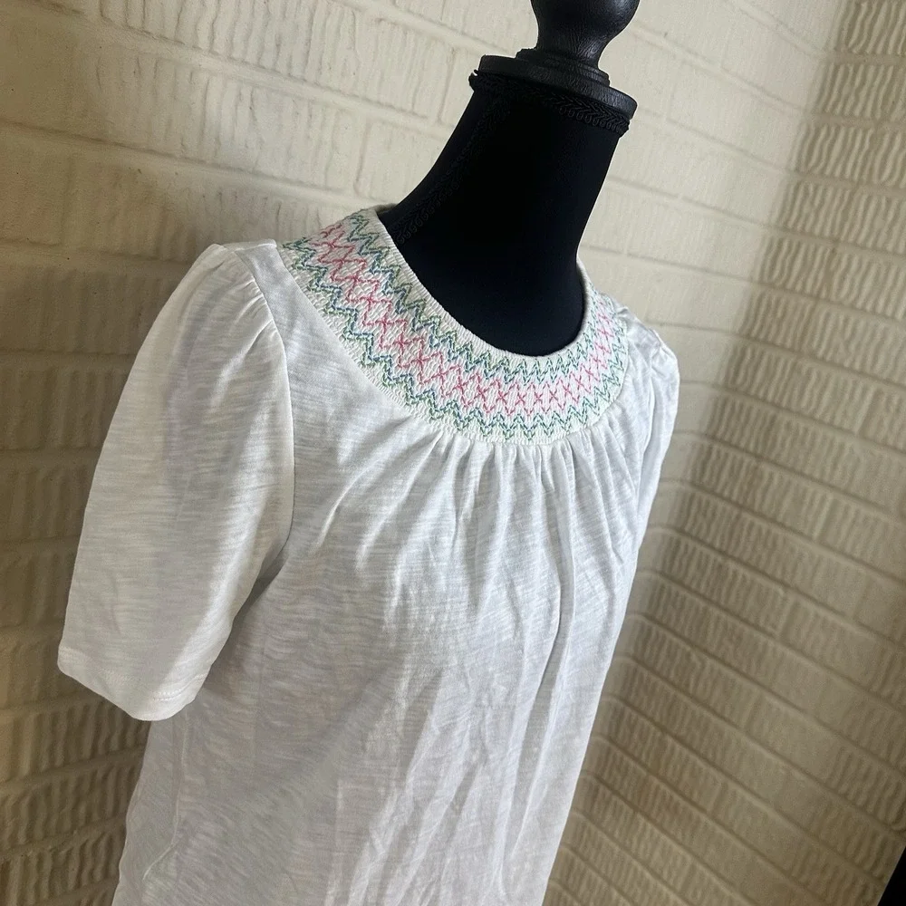 Boden Smock Neck Puff Sleeve Blouse Sz 4 Opulent Embroidered Old Money White